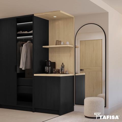 Contemporary frameless cabinetry finished in Tafisa Iconiq Black laminate