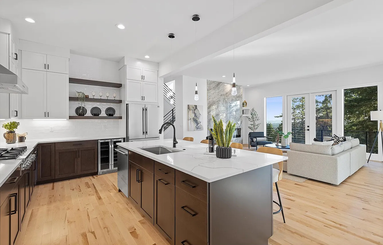 Custom plate rack and stained beech lower cabinets in Mountain Park transitional kitchen